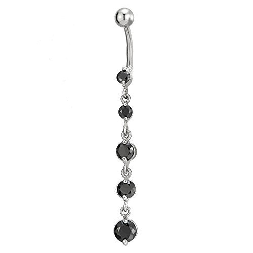 COOLSTEELANDBEYOND Belly Chain Belly Button Ring Body Jewelry Piercing Navel Ring with Long Dangle Cubic Zirconia - color: C-Metal Color:Silver; Stone Color:Black