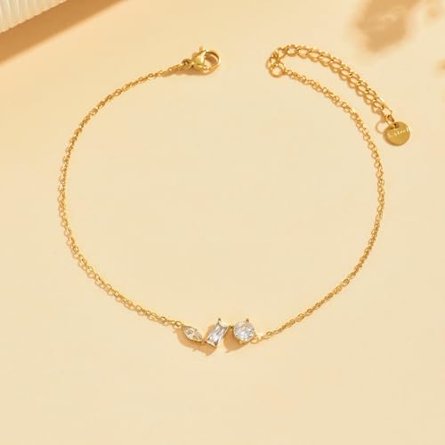 NONAMOIS 18K Gold Plated Diamond Ankle Bracelets for Women Waterproof Gold CZ Pearl Bow Link Chain Anklets Non Tarnish Summer Beach Foot Jewelry Gifts - color: Horizontal 3 CZ-Gold