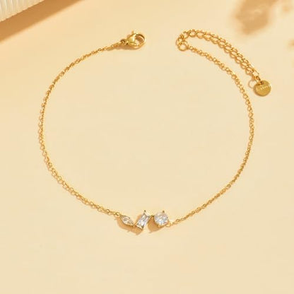 NONAMOIS 18K Gold Plated Diamond Ankle Bracelets for Women Waterproof Gold CZ Pearl Bow Link Chain Anklets Non Tarnish Summer Beach Foot Jewelry Gifts - color: Horizontal 3 CZ-Gold