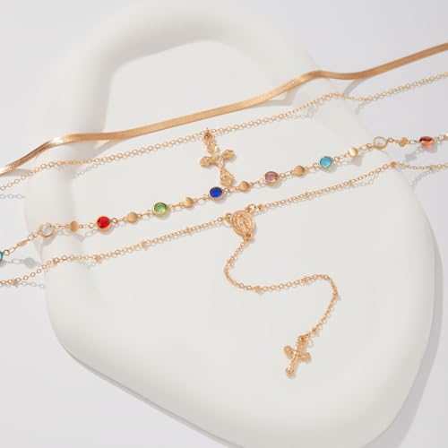 KURTCB Rhinestone Necklace for Women Boho Long Y Lariat Gold Necklace Stack Colorful Summer Beach Jewelry - color: Gold Cross Stone