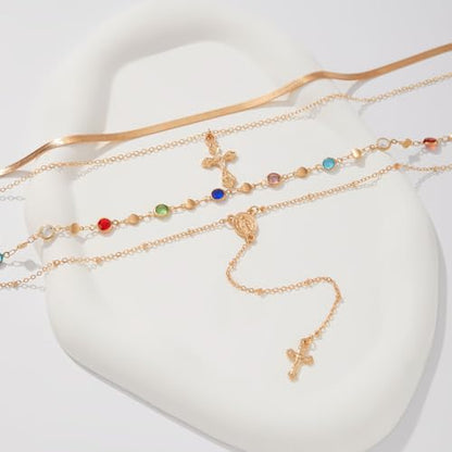 KURTCB Rhinestone Necklace for Women Boho Long Y Lariat Gold Necklace Stack Colorful Summer Beach Jewelry - color: Gold Cross Stone
