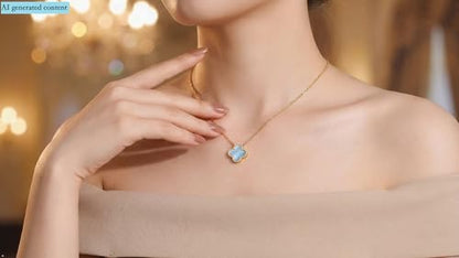 Clover Necklace and Bracelet Set + Four Leaf Clover Earrings, 18K Gold Plated Dainty Jewelry Gift for Women (Pearl White/Ocean Blue/Sweet Lilac) - color: Ocean Blue