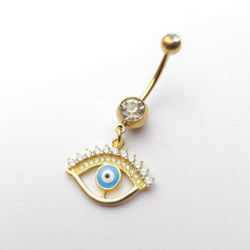 14G Blue CZ Evil Eye Sun Heart Dangle Belly Button Rings for Women 14K Gold Plated Surgical Steel Belly Navel Barbell Enamel Starry Sky Colorful Crystal Dangling Navel Rings Belly Piercing Jewelry - style: Style2