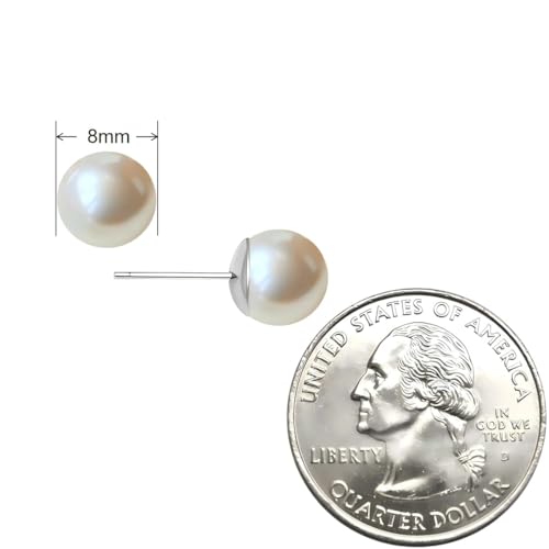 White Faux Pearl Stud Earrings, S925 Silver Posts Hypoallergenic for Women - color: Creamy White, size: 8mm