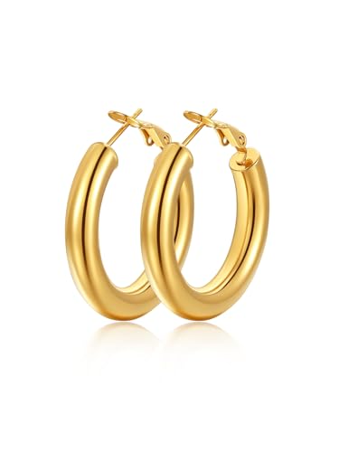 FindChic Hoop Earrings for Women, Silver/Black/14K Gold Plated Hypoallergenic Hollow Round Tube Loop Earrings, 20mm/30mm/40mm/60mm/80mm Chunky Hoops with Custom Name Options & Gift Box - color: c.Gold, size: 30MM