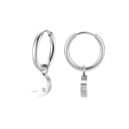 Women's Huggie Hoop Earrings with Small Cute Charm - style: Silver Quarter Moon
