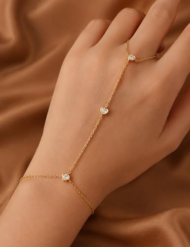 925 Sterling Silver Hand Chain Bracelet for Women | 14k Gold Plated CZ Crystal Heart Starburst Ring Bracelets Hand Chain Diamond Layered Stackable Link Chain Beach Jewelry Gifts - color: GoldD