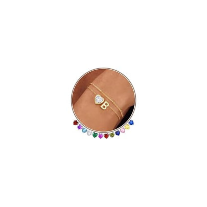 14K Gold Plated Heart Initial Birthstone Gold Bracelets for Women | Dainty Heart Letter A-Z Charm Layered Bracelets Birthday Trendy Jewelry Gifts for Women - color: B