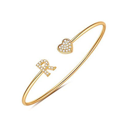 Gold Bracelets for Women Teen Girls, 14K Gold Plated Initial Heart Bangle | Adjustable Open Cuff Bracelet, Dainty Letter Jewelry, Daughter Sister Bridesmaid Friend, Birthday Christmas Graduation Gift - color: R