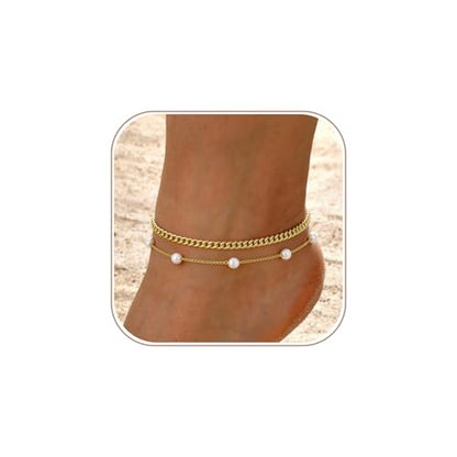 Gold Ankle Bracelets for Women, Dainty 14K Gold Plated Anklets for Women Waterproof Cuban Link Chain Pearl Anklet Set Trendy Layered Stackable Ankle Bracelet Non Tarnish Jewelry for Her - color: A0028
