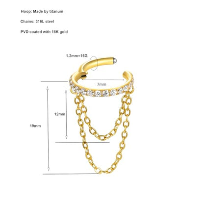 16G Titanium Cartilage Earrings Hoop 7mm 9mm Helix Piercing Jewelry with Single/Double/Triple Chains Hypoallergenic Hinged Clicker - style: new-gold 2 chains 7mm