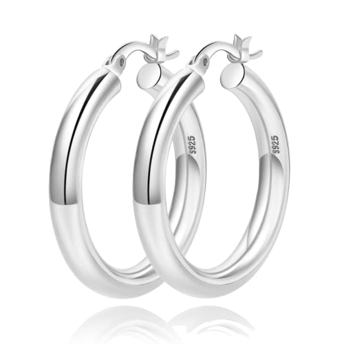 4mm Thick Gold Chunky Earrings Steling Silver Post Hoops Earrings For Women Hollow Tube Hoops Earrings Thick Gold Hoop Earrings Hypoallergenic Lightweight Gold Hoop Large Earrings 20/30/40/50/60MM - color: Silver,20mm
