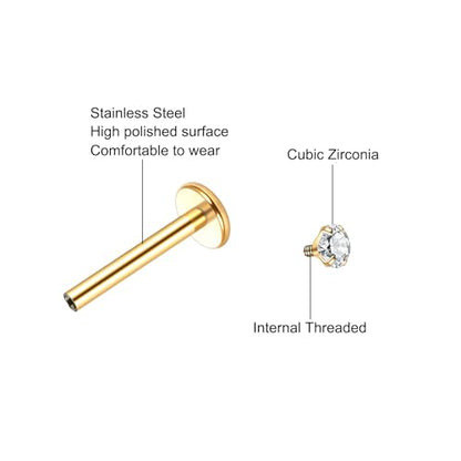 Xpircn Flat Back Stud Earrings 14K Gold Plated Internally Threaded CZ Stud Piercing Jewelry for Tragus Helix Cartilage Conch Nose Hypoallergenic Lip Labret Medusa Piercing 16G 18G - color: 16 Gauge, Gold, size: Mixed (8/10/12mm) Bar