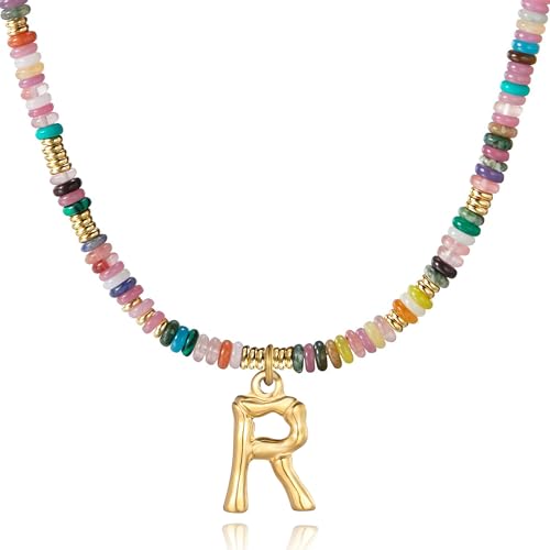 YOUFENG Initial Letter Necklaces for Women Colorful Beaded Gemstone Choker 14K Gold Plated Bamboo Letter Pendant Necklace Natural Stone Handmade Jewelry Gift - color: R