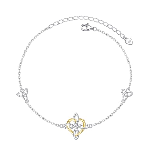 FLYOW 925 Sterling Silver Good Luck Irish Jewelry Triquetra Trinity Celtic Witches Knot Bracelet for Women - color: Silver and Golden