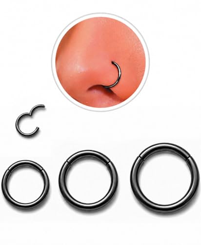 AMASIS Nose Rings and Nose Studs Set, Stainless Steel Hinged Nose Hoops and CZ Studs, Select Sizes and Styles for Nostril Septum Cartilage Piercing Jewelry - color: Black, size: 3-Piece Hoops,16Gauge,6/8/10mm
