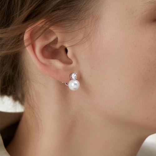 White Pearl Clip On Earrings for Women, 14K Gold Pearl Earrings 925 Silver Pearl Earrings, 10mm White Pearl Non Pierced Hypoallergenic Trendy Wedding Jewelry - color: Gold & Silver
