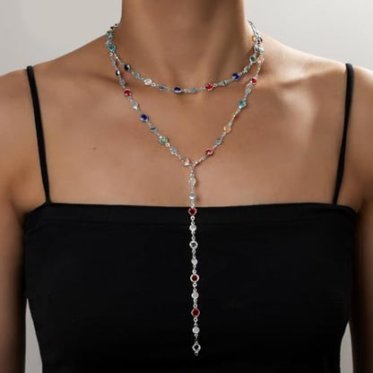 Colorful Crystal Long Necklace for Women Dainty Boho Y-Shaped Color Bead Necklaces Sparkly Rhinestone Pendant Layered Gold Long Chain Choker Good Luck Trend Jewelry Gift Jewelry - color: Double Layer Silver