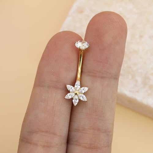XUU Titanium Belly Button Rings 14G, Implant-Grade Navel Piercing, Luxury CZ Shape with Flower Butterfly, Hypoallergenic Curved Barbell Jewelry for Women, Gold or Silver - style: Flower-Gold