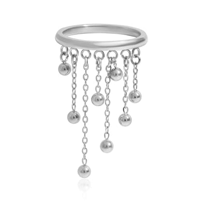 Tiny Ball Tassel Dangle Stacking Thin Band Ring for Women - 18K Golden Plated Stainless Steel Hanging Round Beads Chain Statement Knuckle Finger Rings Band Fashion Birthday Jewelry Size 7 - color: Silver