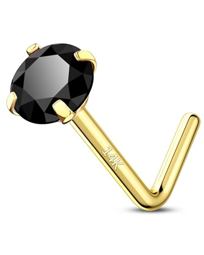 14K Real Gold Nose Studs 20G Nose Rings Studs L Shaped Nose Rings for Women Men Diamond CZ Nose Piercing - color: Yellow Gold-Round BKCZ