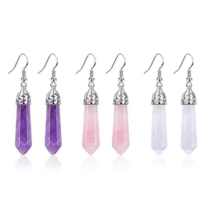 Jovivi 3Pairs Healing Crystals Earrings Sets for Women Natural Real Amethyst Rose Quartz Stone Healing Hexagonal Points Crystal Chakra Dangle Earrings - color: Style 2