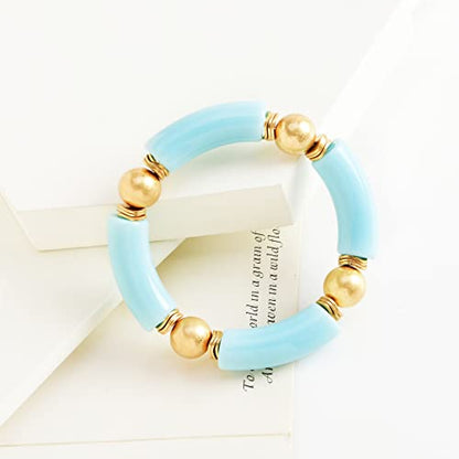 LALAPPLE Gold Plated Beaded Acrylic Bamboo Tube Bangle Bracelets for Women, Colorful Chunky Curved Tube With Gold Plated Pieces Beads Stretch Bracelet Friendship Summer Beach Jewelry - color: C-Sky Blue
