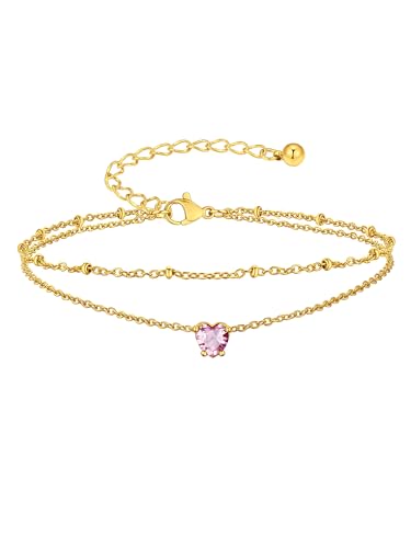 Suplight Gold Plated Butterfly Anklets for Women Waterproof, Layered Boho Ankle Bracelet with Birthstone, Stainless Steel Adjustable Non-Tarnish Heart Foot Jewelry Beach Vacation - color: 10. Heart-Oct. Pink Tourmaline