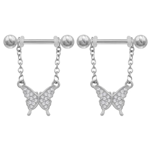 14G Bow Knot Dangle Nipple Rings for Women Silver Chain CZ Crystal Butterfly Nipple Shield Barbell Nipplerings Piercing Sexy Body Piercing Jewelry - color: Butterfly