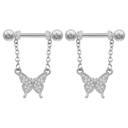 14G Bow Knot Dangle Nipple Rings for Women Silver Chain CZ Crystal Butterfly Nipple Shield Barbell Nipplerings Piercing Sexy Body Piercing Jewelry - color: Butterfly