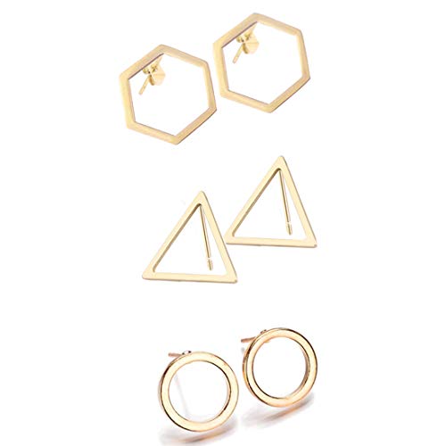 3 Pairs Geometric Hexagon Triangle Stud Earrings Minimalism Small Round Circle Ear Studs Earing for Women Jewelry Gift - color: Gold