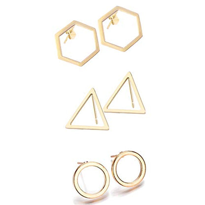 3 Pairs Geometric Hexagon Triangle Stud Earrings Minimalism Small Round Circle Ear Studs Earing for Women Jewelry Gift - color: Gold