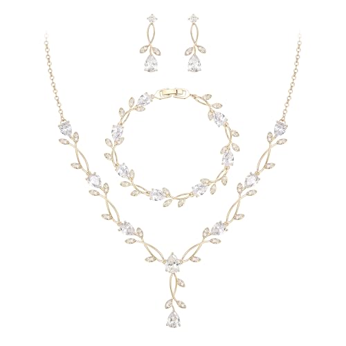 EVER FAITH Cubic Zirconia Pearl Leaf Bridal Jewelry Set for Bride Women | White Wedding Prom Necklace Dangle Earrings Bracelet, for Bridesmaid - color: CZ_Clear Gold-Plated-Brass