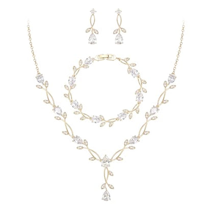 EVER FAITH Cubic Zirconia Pearl Leaf Bridal Jewelry Set for Bride Women | White Wedding Prom Necklace Dangle Earrings Bracelet, for Bridesmaid - color: CZ_Clear Gold-Plated-Brass