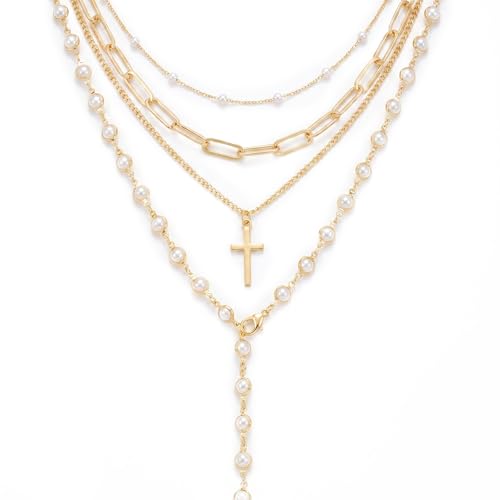 Layered Faux Pearl Necklaces for Women - Dainty Cross Choker Set. Beautiful Stackable Long Chain Jewelry Featuring Boho Pendant Accessories, Vintage Multilayer Drops