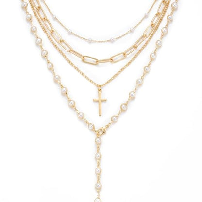 Layered Faux Pearl Necklaces for Women - Dainty Cross Choker Set. Beautiful Stackable Long Chain Jewelry Featuring Boho Pendant Accessories, Vintage Multilayer Drops