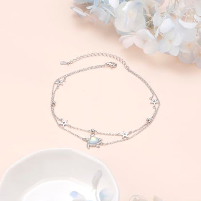 Anklets for Women 925 Sterling Silver Blue Evil Eye Infinity Butterfly Adjustable Multilayer Layered Summer Beach Ankle Bracelet Foot Chain Jewelry for Women - style: Sea Turtle 2