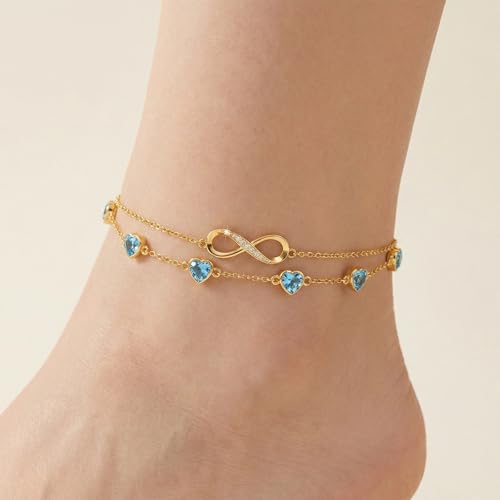 Prismata Infinity Birthstone Charm Link Bracelet/Anklet 925 Sterling Silver Adjustable 12 Months Birthstone Infinity Bracelet/Anklet Birthday Jewelry Gifts for Women Her - color: 03-March, size: 7'+2' Bracelet-18K Gold Plated