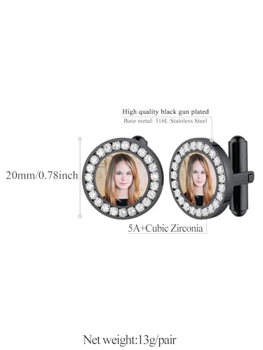 FindChic Stainless Steel Round Cufflinks with Custom Text/Picture/Monogram Letters 18K Gold Plated/Black Color for Men Groom Suits Shirts, with Gift Box - style: 02. CZ custom photo-round (black)