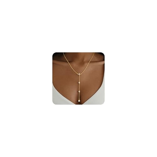 14K Gold Plated Layered Lariat Necklace for Women - Waterproof Non-Tarnish Dainty Gold Chain Necklace, Long Boho Statement Jewelry for Wedding, Prom, Summer Vacation Gifts - color: Four CZ Y Necklace-Gold
