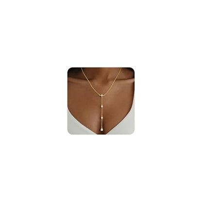 14K Gold Plated Layered Lariat Necklace for Women - Waterproof Non-Tarnish Dainty Gold Chain Necklace, Long Boho Statement Jewelry for Wedding, Prom, Summer Vacation Gifts - color: Four CZ Y Necklace-Gold