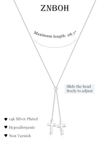 Lariat Gold Silver Necklace for Women Long Dainty Y Necklace 14k Gold Plated Drop Chunky Necklace Trendy Clover Heart Cross Teardrop Cz Pendant Statement Simple Adjustable Jewelry Gift - color: Silver- Cross
