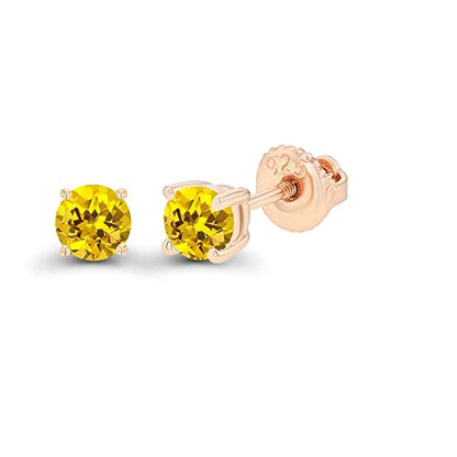 14K Gold Plated 925 Sterling Silver Hypoallergenic 4mm Round Genuine Birthstone Solitaire Screwback Stud Earrings - color: Yellow Sapphire Created