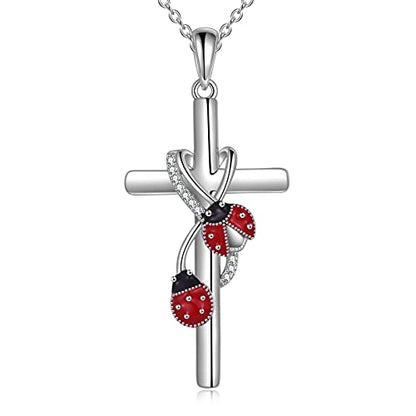 POPLYKE Cross Necklace for Women 925 Sterling Silver Cross Pendant Necklace Animal Jewelry Christmas Gifts for Women Mother Grandma - style: Ladybug