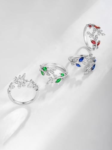 Silver Leaf Ring for Women 925 Sterling Silver Yellow Gold Plated CZ Inlaid Marquise Sapphire/Ruby/Emerald Cocktail Rings Size 6 to 10 - color: Cubic Zirconia - Silver