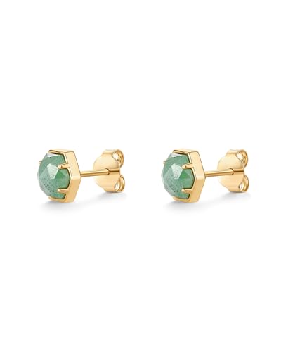 PAVOI 14K Gold Plated Hexagon Gemstone Stud Earrings for Women | Natural Birthstone Earring Pair - color: Green Fluorite