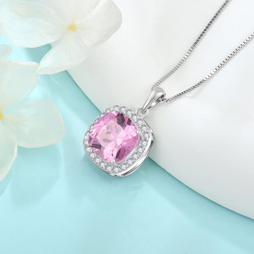 Birthstone Necklace for Women 925 Sterling Silver Princess Cut Halo Necklace Pendant Jewelry for Mom Wife - color: Pink