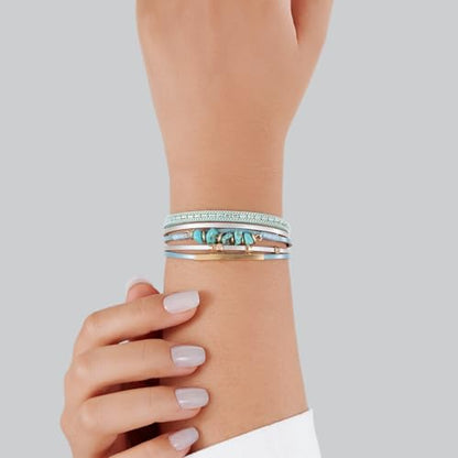 Boho Gemstone Beaded Leather Wrap Bracelets Stackable Chunky Cuff Bracelet Western Jewelry Cowboy Chic Country Concert Outfits for Women - color: Teal