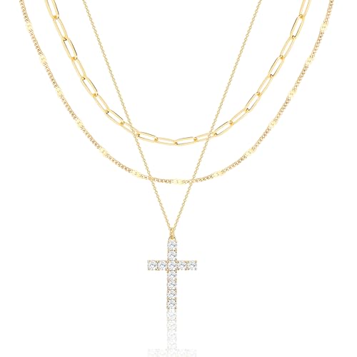 Poxtex Layered Gold Necklaces for Women, Stackable Dainty 14K Gold Silver Plated Trendy Simple Heart Diamond Cross Bow Circle Pendant Paperclip Choker Dot Chain Necklace,Jewelry Set Gifts for Women - color: Gold, style: Cross2