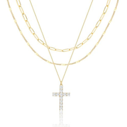 Poxtex Layered Gold Necklaces for Women, Stackable Dainty 14K Gold Silver Plated Trendy Simple Heart Diamond Cross Bow Circle Pendant Paperclip Choker Dot Chain Necklace,Jewelry Set Gifts for Women - color: Gold, style: Cross2